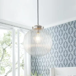 Mid-Century 1-Light Clear Ribbed Glass Globe Pendant
