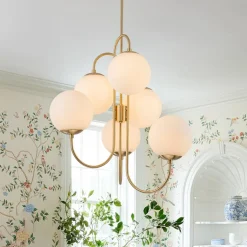 Mid-Century 6-Light Goose Arm Opal Glass Globe Tiered Chandelier
