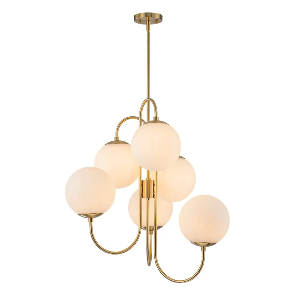 Mid-Century 6-Light Goose Arm Opal Glass Globe Tiered Chandelier
