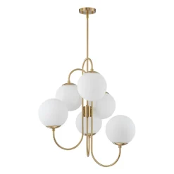 Mid-Century 6-Light Goose Arm Opal Glass Globe Tiered Chandelier