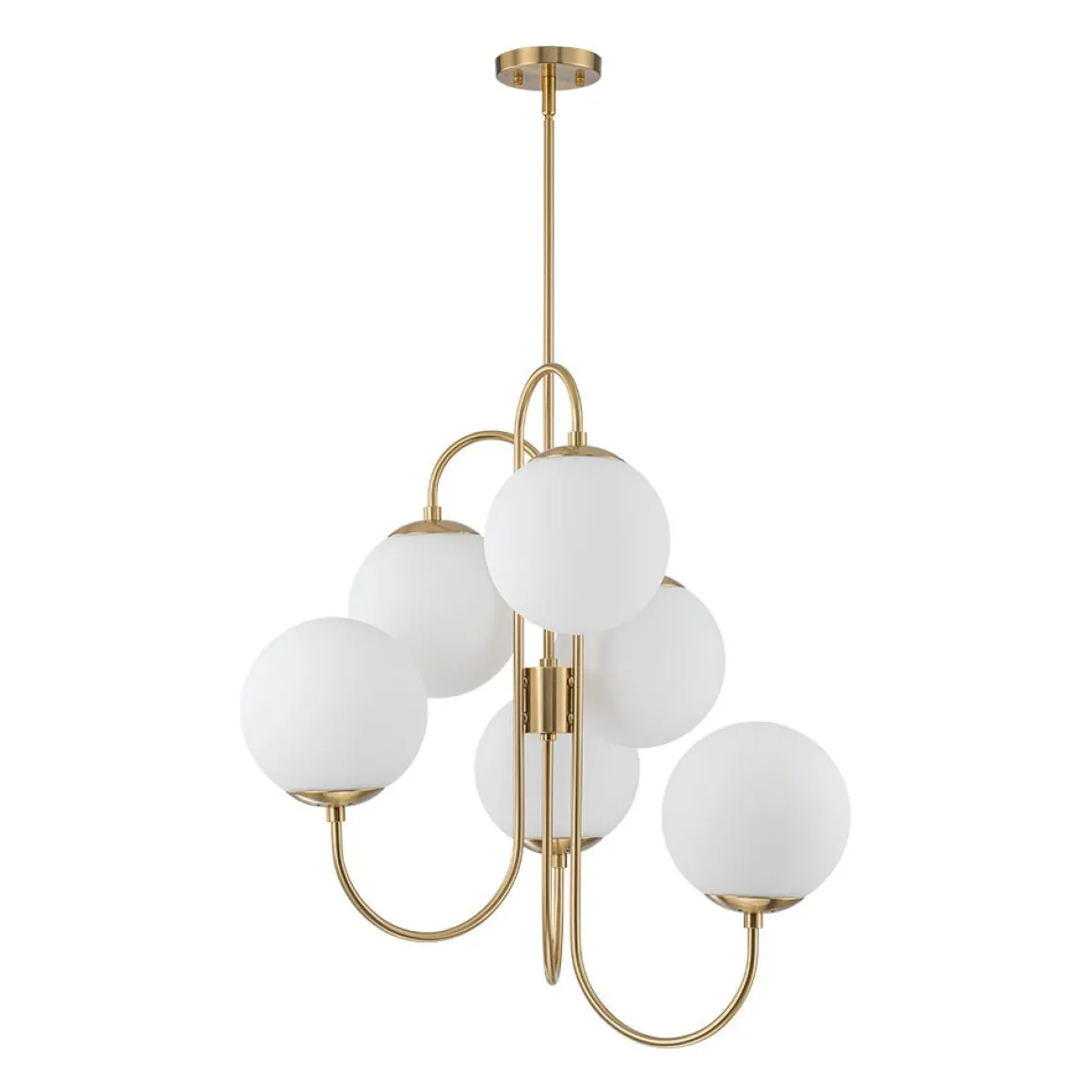 Mid-Century 6-Light Goose Arm Opal Glass Globe Tiered Chandelier