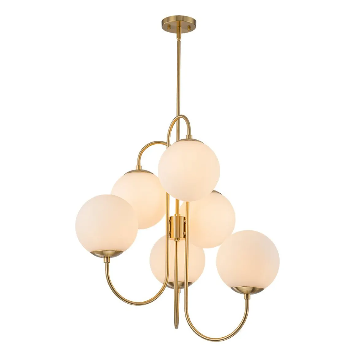 Mid-Century 6-Light Goose Arm Opal Glass Globe Tiered Chandelier