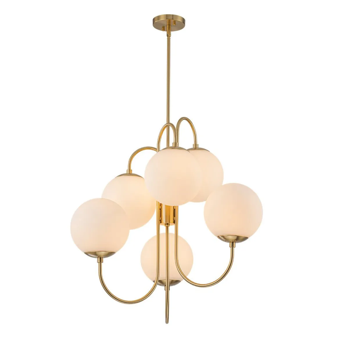 Mid-Century 6-Light Goose Arm Opal Glass Globe Tiered Chandelier