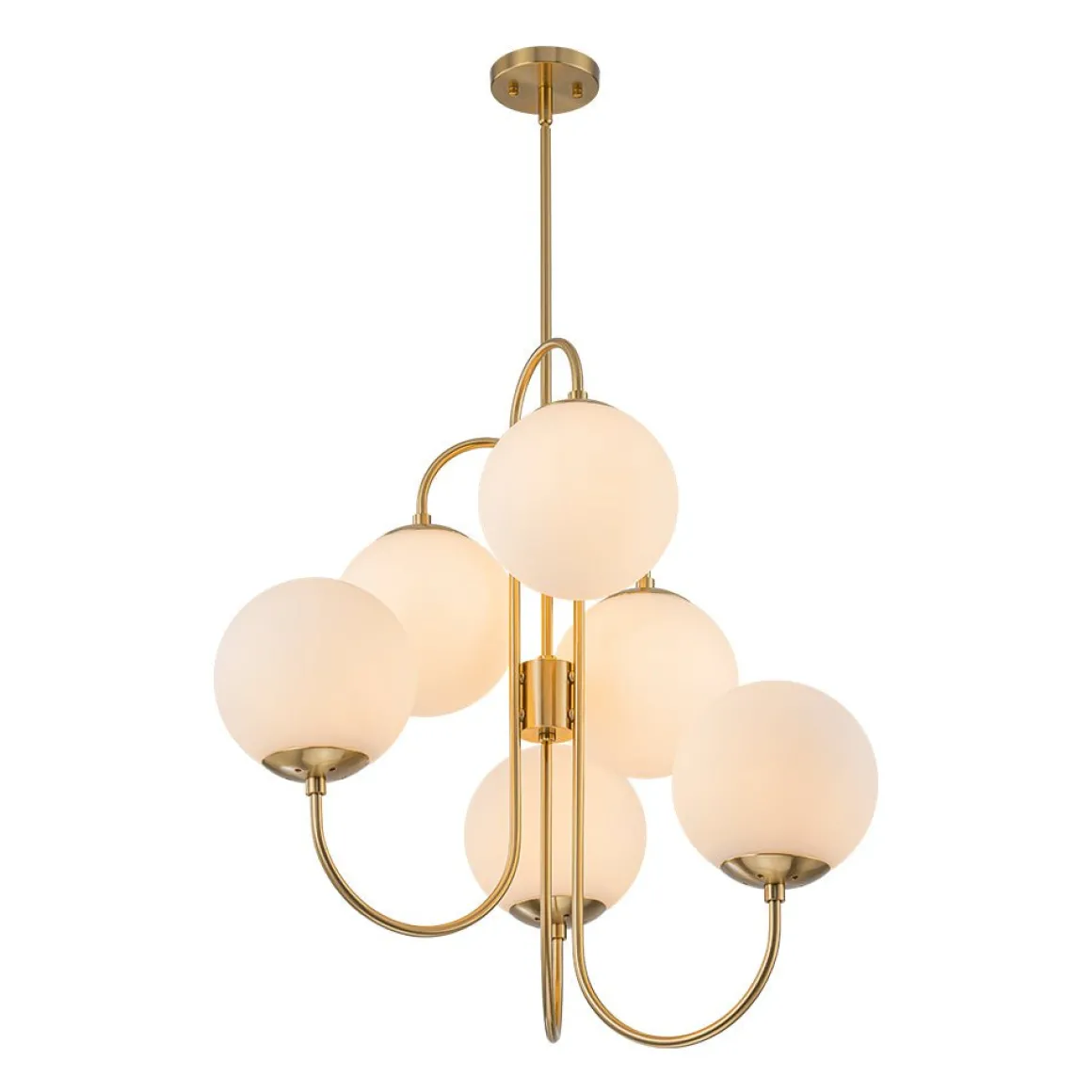 Mid-Century 6-Light Goose Arm Opal Glass Globe Tiered Chandelier