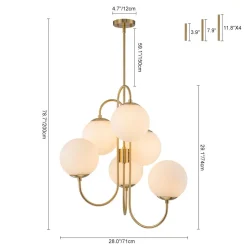 Mid-Century 6-Light Goose Arm Opal Glass Globe Tiered Chandelier