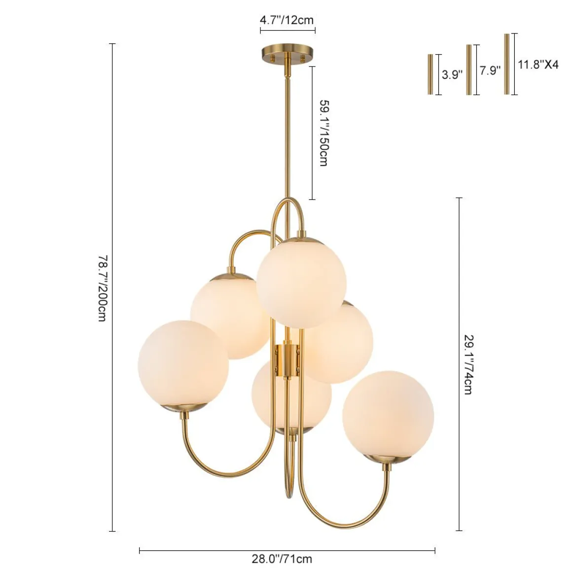 Mid-Century 6-Light Goose Arm Opal Glass Globe Tiered Chandelier