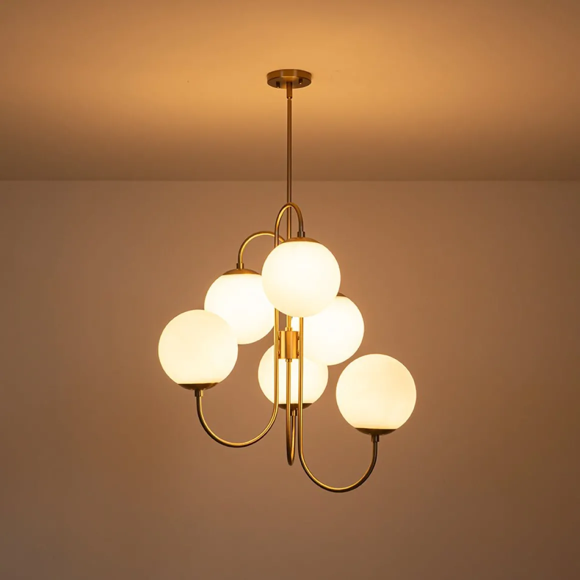 Mid-Century 6-Light Goose Arm Opal Glass Globe Tiered Chandelier