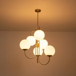 Mid-Century 6-Light Goose Arm Opal Glass Globe Tiered Chandelier