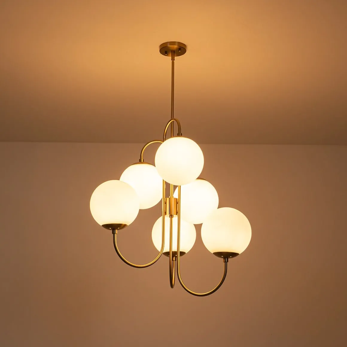 Mid-Century 6-Light Goose Arm Opal Glass Globe Tiered Chandelier