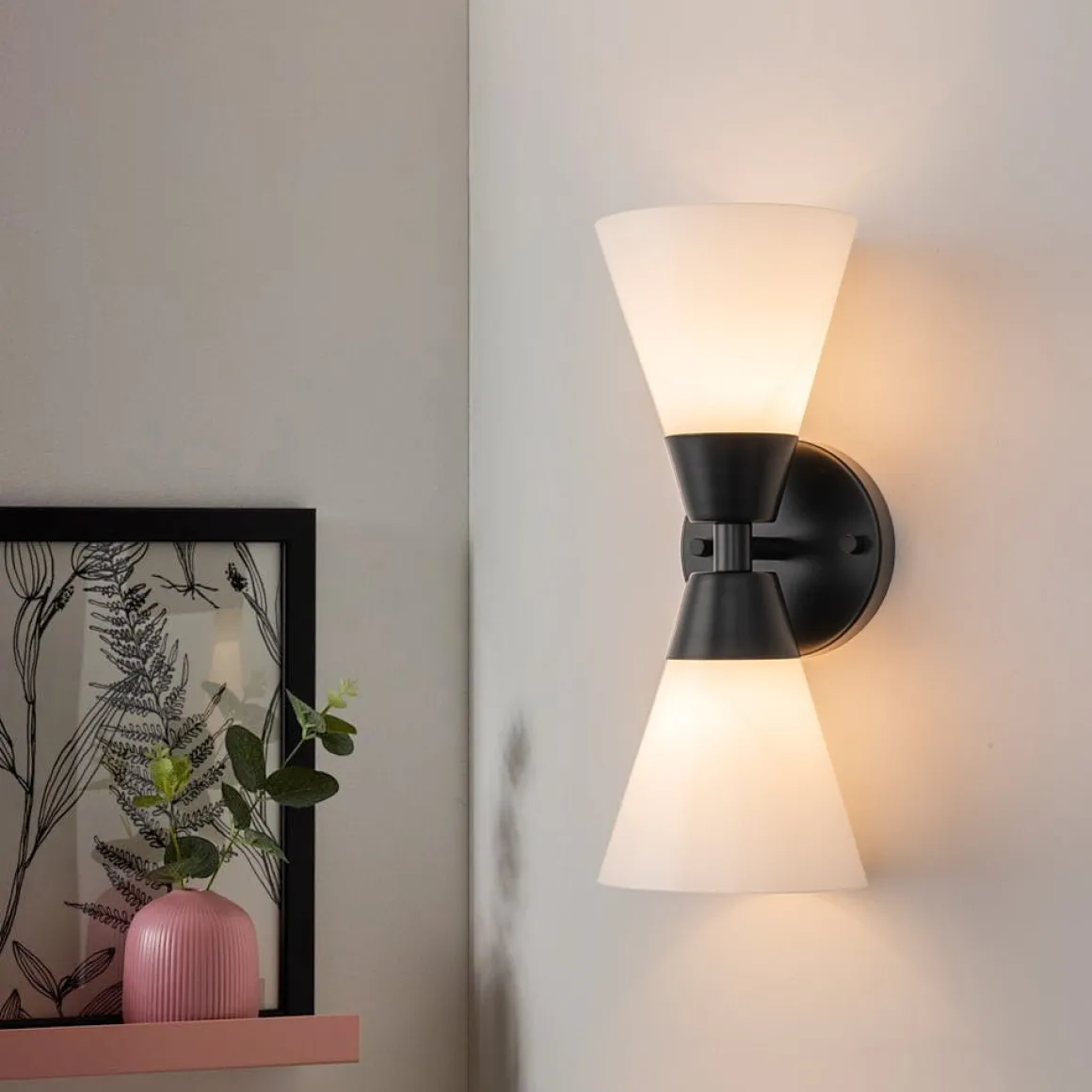 Mid-Century 2-Light Up Down Opal Glass Cone Wall Sconce