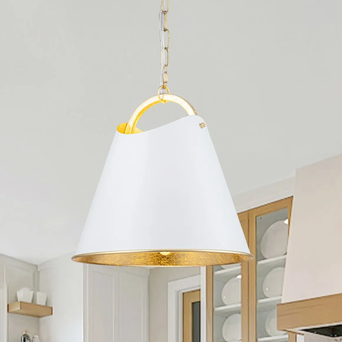 Mid-Century 1-Light White Gold Metal Conical Pendant Light