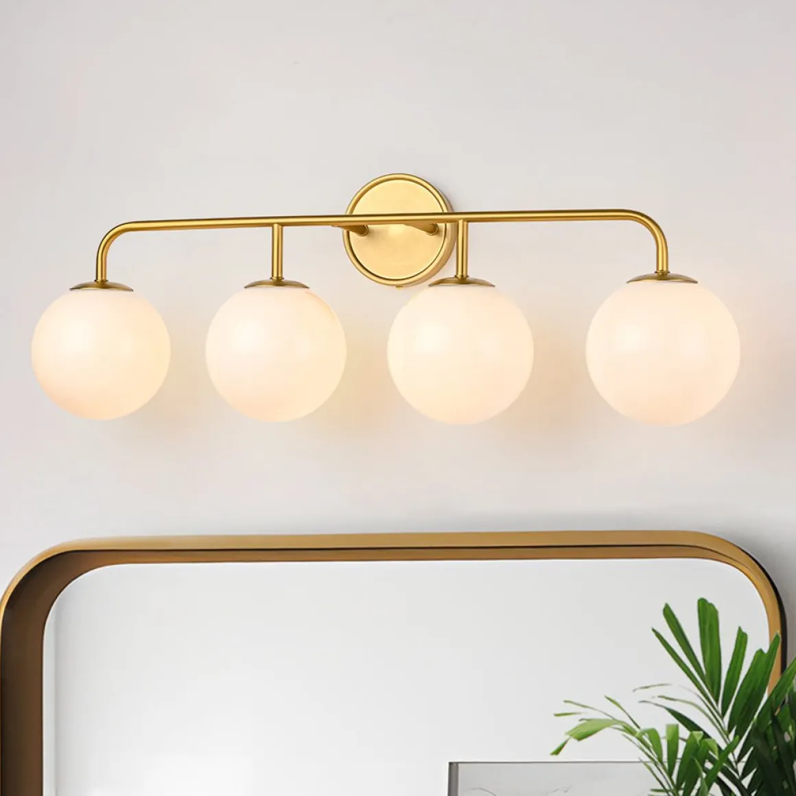 Mid-century Shine Opal Glass Globe Brass Vanity Light