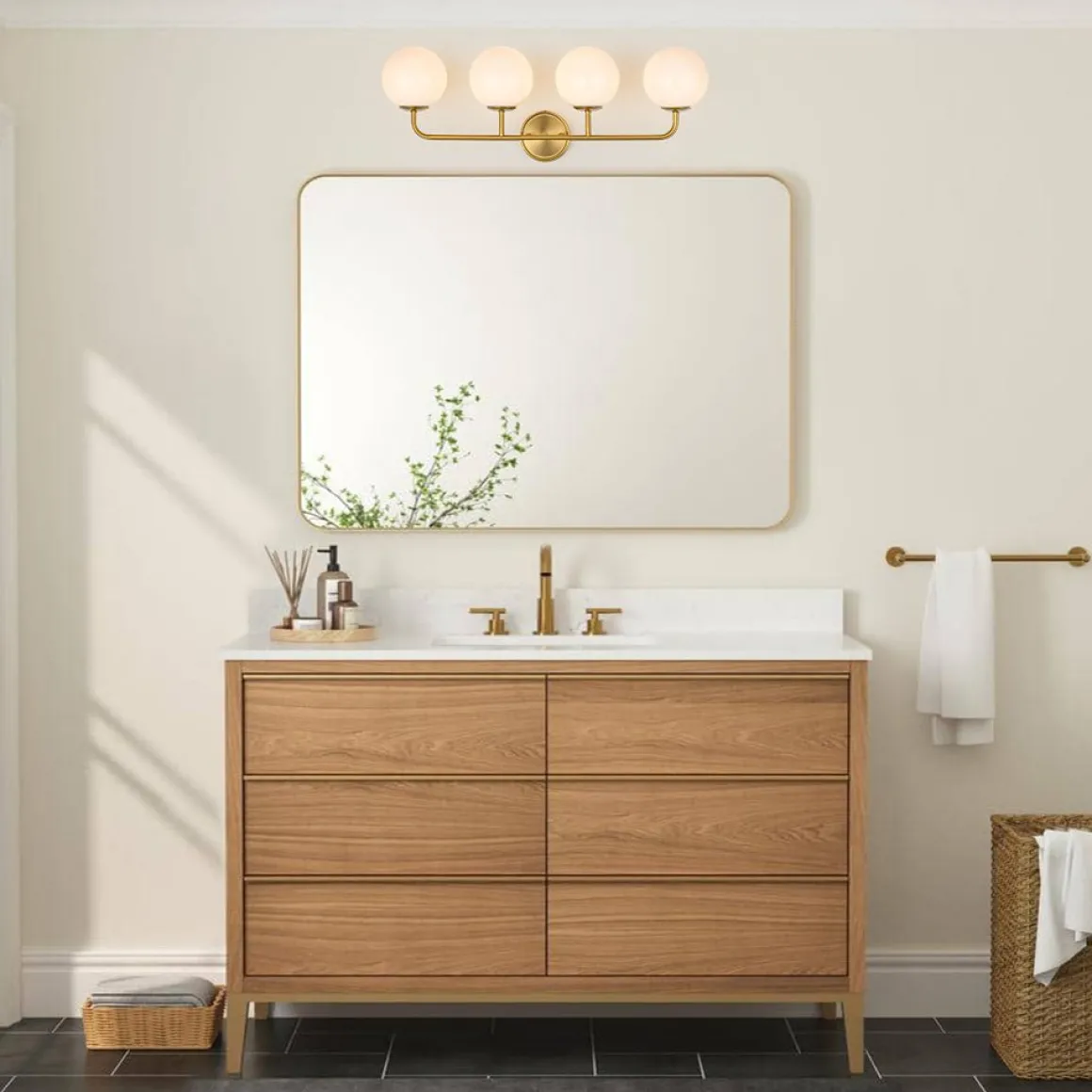 Mid-century Shine Opal Glass Globe Brass Vanity Light