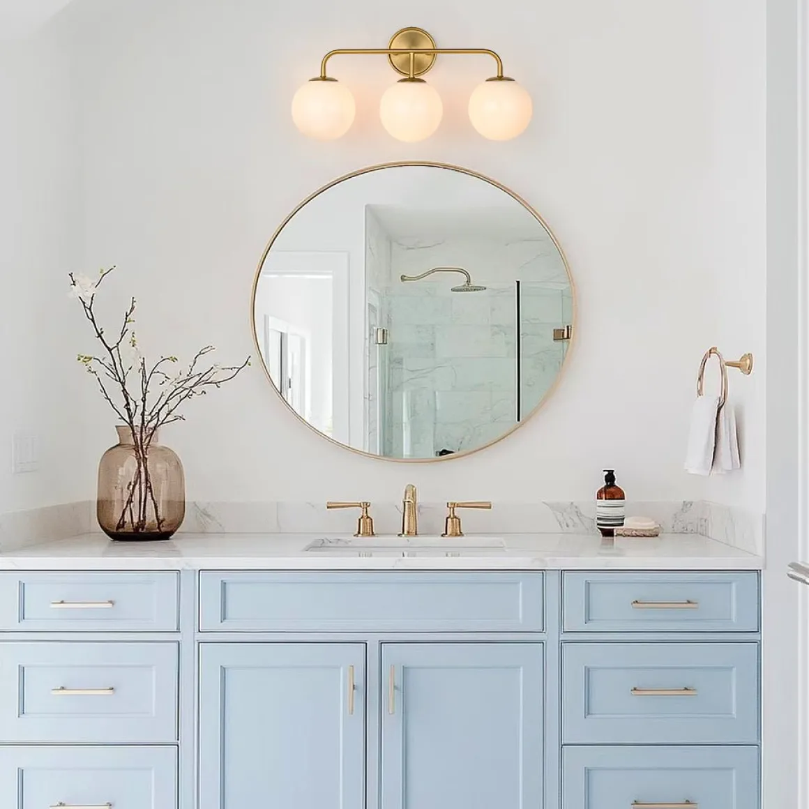 Mid-century Shine Opal Glass Globe Brass Vanity Light