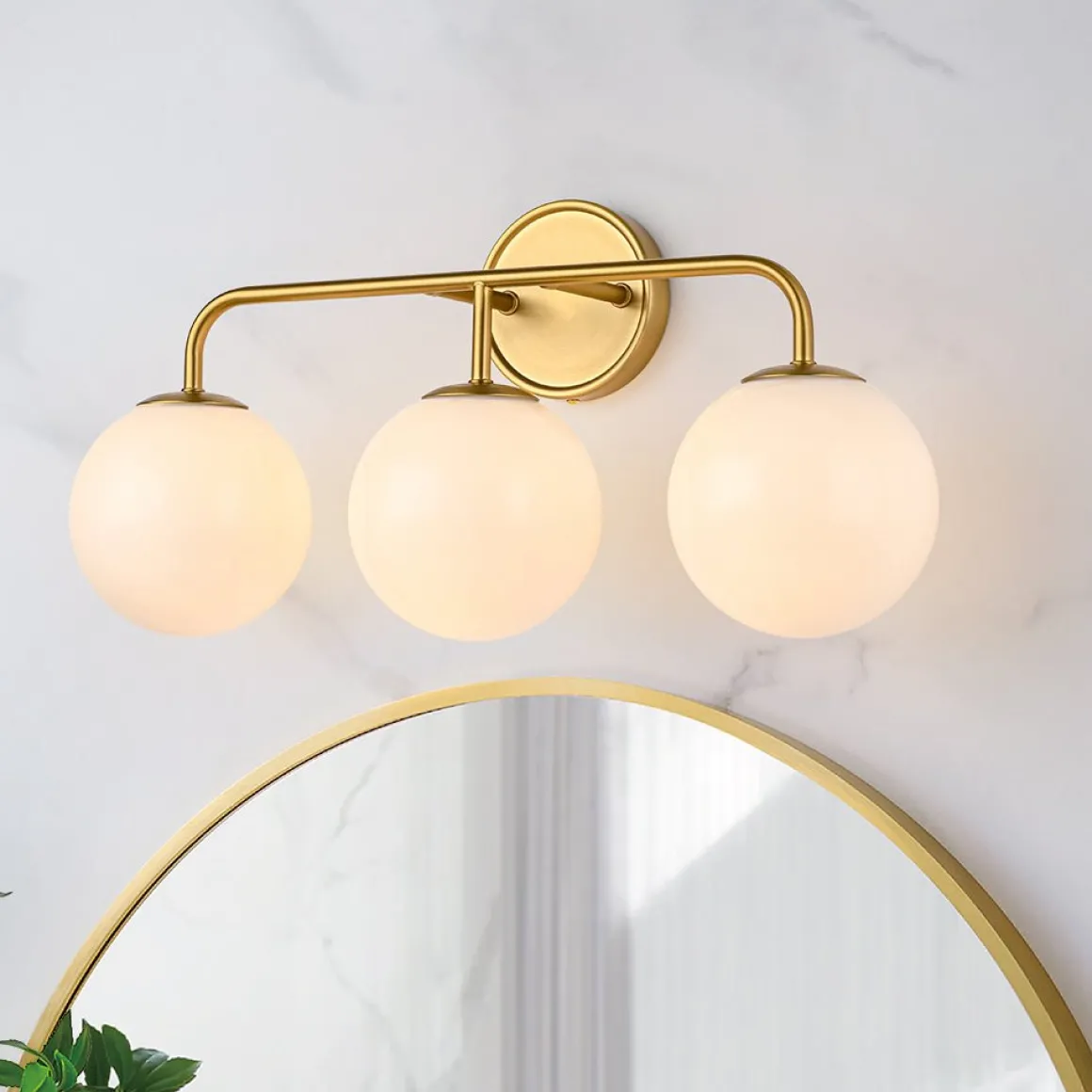 Mid-century Shine Opal Glass Globe Brass Vanity Light