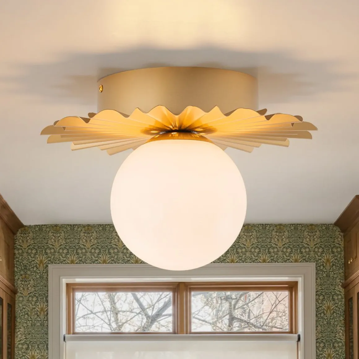 Mid-Century Sunburst 1-Light Opal Glass Globe Ceiling Light