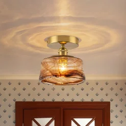 Mini 1-Light Amber Swirl Glass Shade Semi Flush Mount