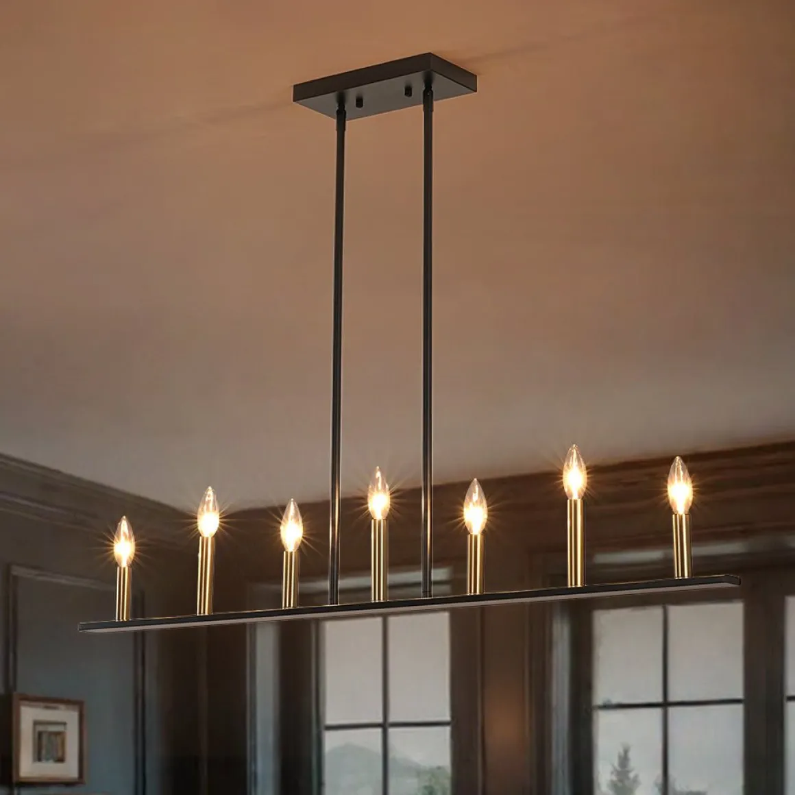 Minimalist Black Brass Candle Style Linear Island Chandelier