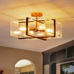 Modern Black Brass Clear Glass Square Cage Semi Flush Mount