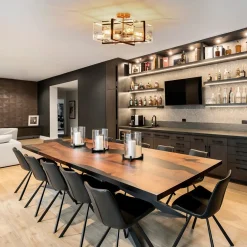 Modern Black Brass Clear Glass Square Cage Semi Flush Mount