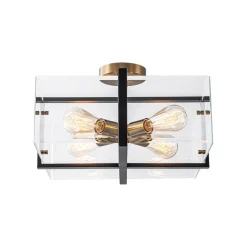 Modern Black Brass Clear Glass Square Cage Semi Flush Mount