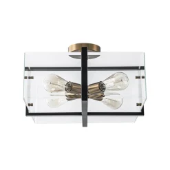Modern Black Brass Clear Glass Square Cage Semi Flush Mount