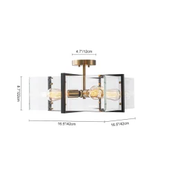 Modern Black Brass Clear Glass Square Cage Semi Flush Mount