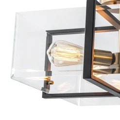 Modern Black Brass Clear Glass Square Cage Semi Flush Mount