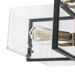 Modern Black Brass Clear Glass Square Cage Semi Flush Mount