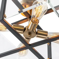 Modern Black Brass Clear Glass Square Cage Semi Flush Mount