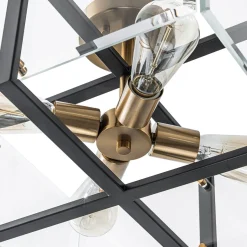 Modern Black Brass Clear Glass Square Cage Semi Flush Mount
