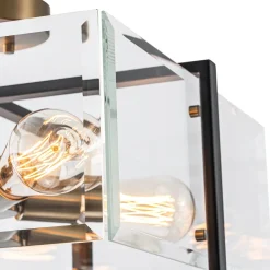 Modern Black Brass Clear Glass Square Cage Semi Flush Mount
