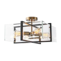Modern Black Brass Clear Glass Square Cage Semi Flush Mount