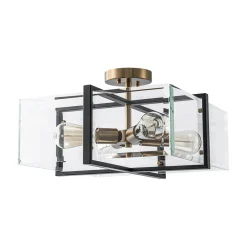 Modern Black Brass Clear Glass Square Cage Semi Flush Mount