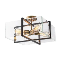 Modern Black Brass Clear Glass Square Cage Semi Flush Mount