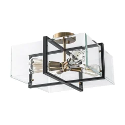 Modern Black Brass Clear Glass Square Cage Semi Flush Mount