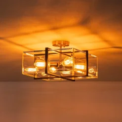 Modern Black Brass Clear Glass Square Cage Semi Flush Mount