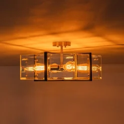 Modern Black Brass Clear Glass Square Cage Semi Flush Mount