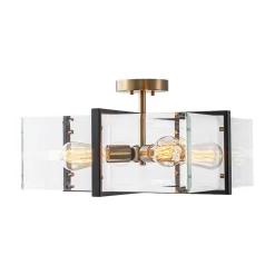 Modern Black Brass Clear Glass Square Cage Semi Flush Mount