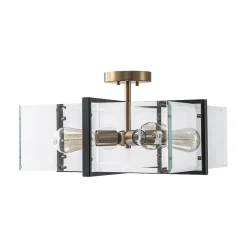 Modern Black Brass Clear Glass Square Cage Semi Flush Mount