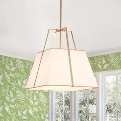 Modern Brass White Fabric Tapered Cage Pendant Light