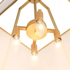 Modern Brass White Fabric Tapered Cage Pendant Light