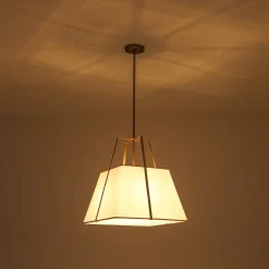 Modern Brass White Fabric Tapered Cage Pendant Light