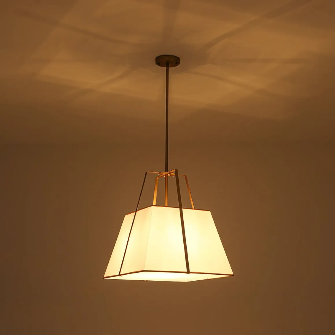 Modern Brass White Fabric Tapered Cage Pendant Light