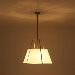 Modern Brass White Fabric Tapered Cage Pendant Light