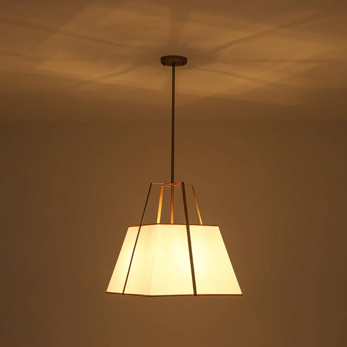 Modern Brass White Fabric Tapered Cage Pendant Light