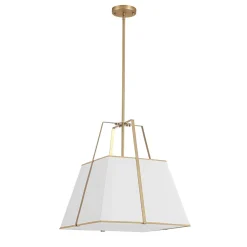 Modern Brass White Fabric Tapered Cage Pendant Light