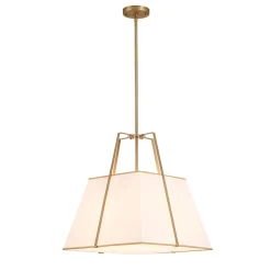 Modern Brass White Fabric Tapered Cage Pendant Light