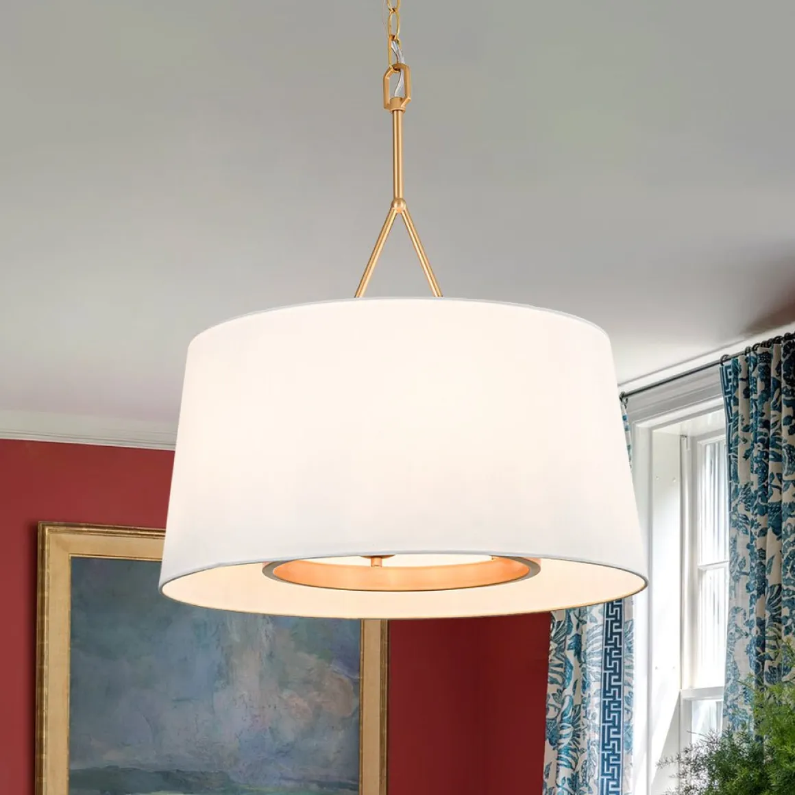 Modern Candle Style Fabric Wide Drum Cage Pendant Light