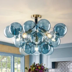 Modern Cluster Blue Glass Bubble Semi Flush Chandelier